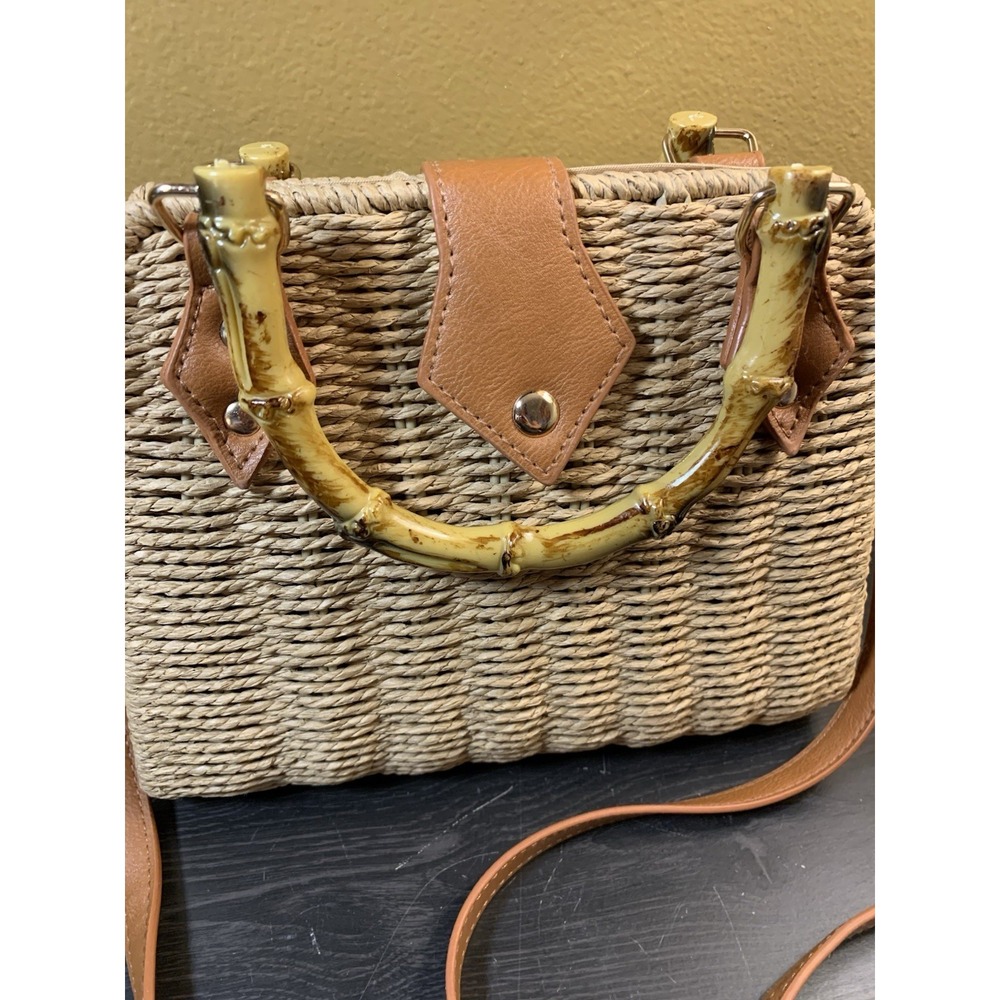 Woven Handbag‎ Paper Fiber Faux Bamboo Handles Tan Crossbody Summer Tote Purse - Picture 2 of 7